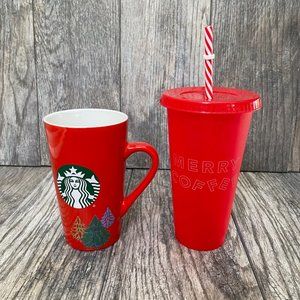 Bundle of 2 Starbucks Christmas Holiday Mug Reusable Cold Cup Trees Red